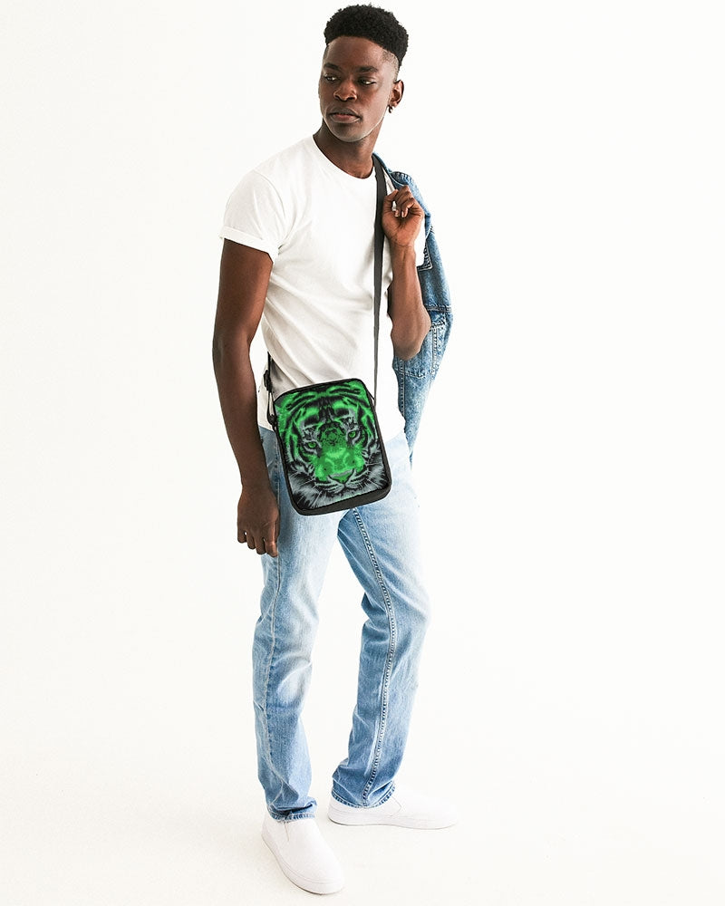 Cross Body Bag with Neon Green Fierce Tiger Face Messenger Pouch
