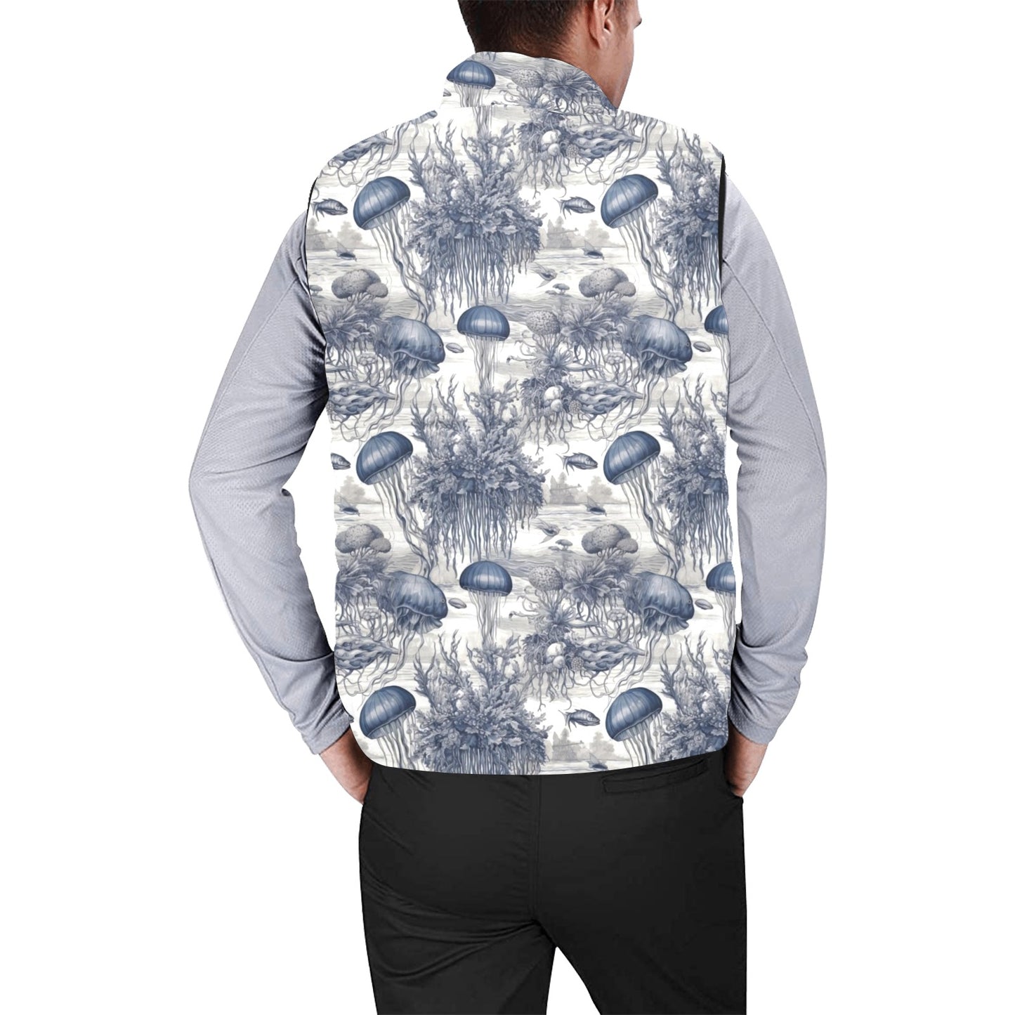 Puffer Vest Men's in Toile de Jouy Jellyfish Print