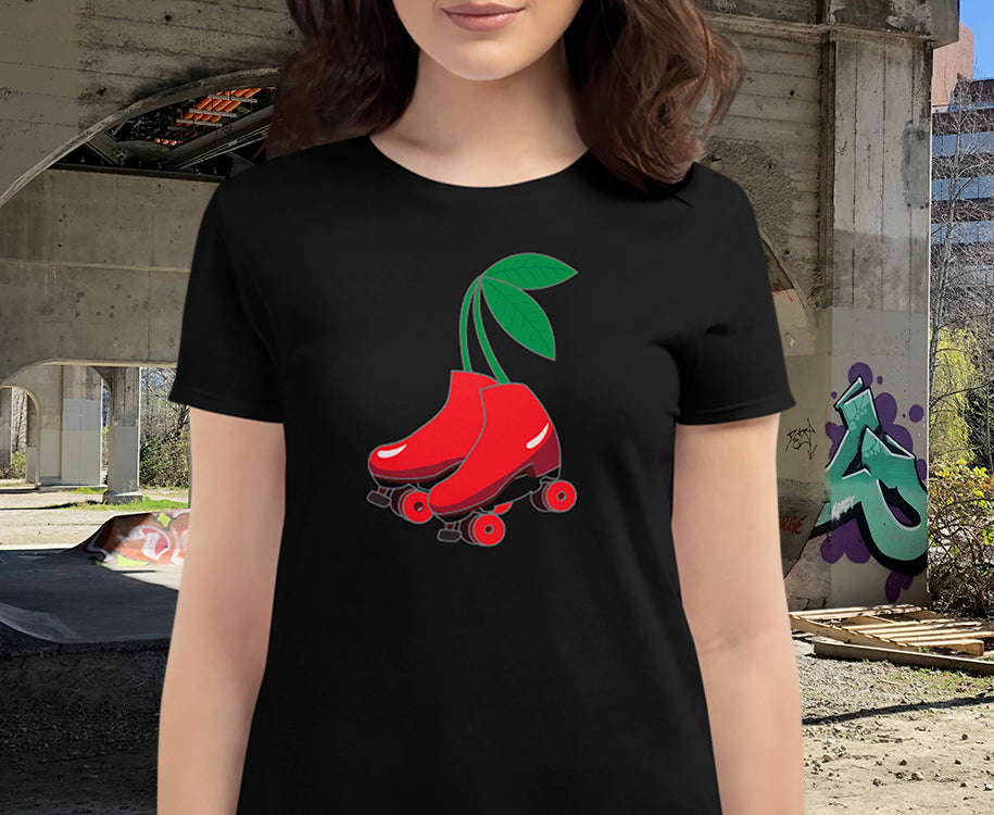 Roller Skate Cherries Tshirt with Red on Red, Black, Grey or White