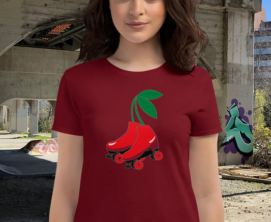 Roller Skate Cherries Tshirt with Red on Red, Black, Grey or White