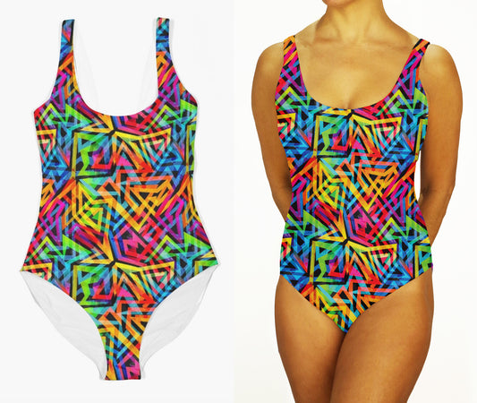 80s/90s Graffiti Print Festival One Piece Swimsuit:  Rave Outfits