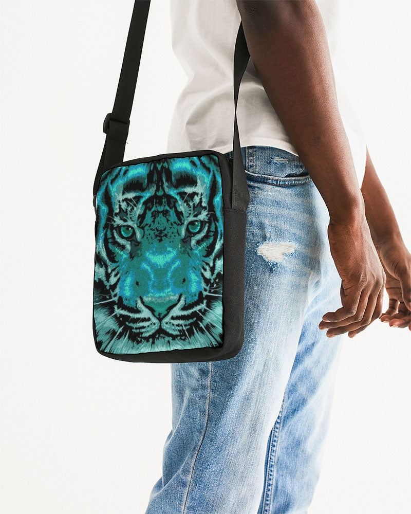 Cross Body Bag with Aqua Fierce Tiger Face Messenger Pouch