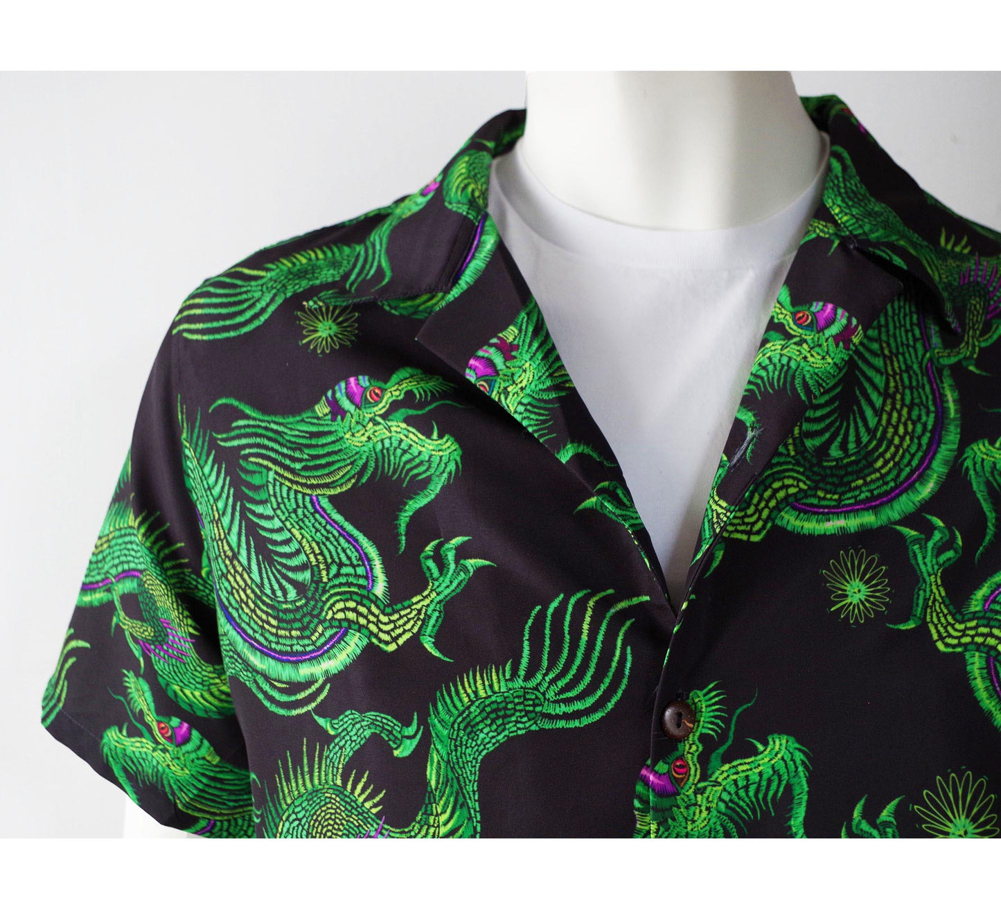 Festival Button Down Hawaiian Shirt with Neon Green Dragons