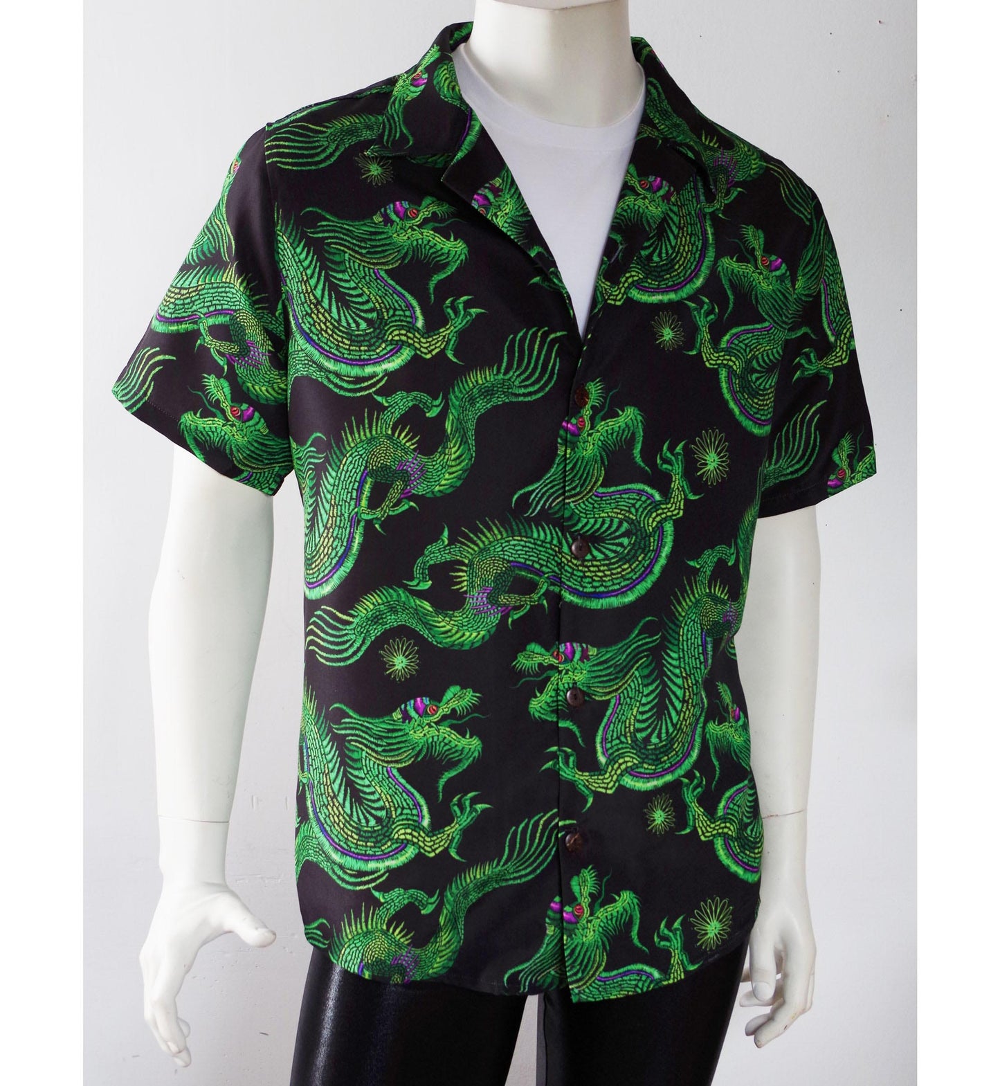 Festival Button Down Hawaiian Shirt with Neon Green Dragons