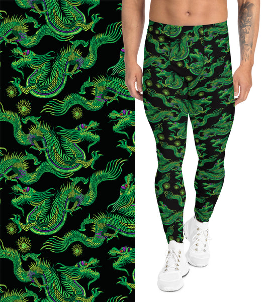 Men's Festival Leggings Meggings Neon Green Dragons Print