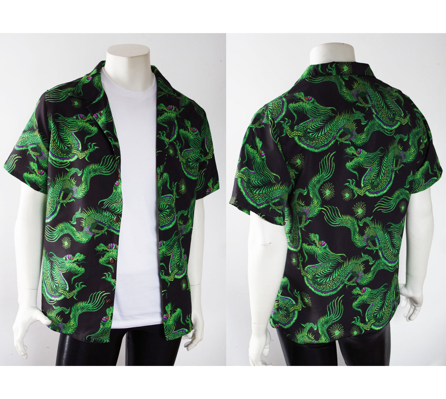 Festival Button Down Hawaiian Shirt with Neon Green Dragons