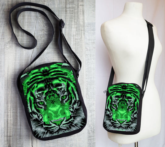 Cross Body Bag with Neon Green Fierce Tiger Face Messenger Pouch