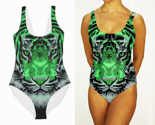 Festival One Piece Swimsuit:  Neon Green Tiger Face