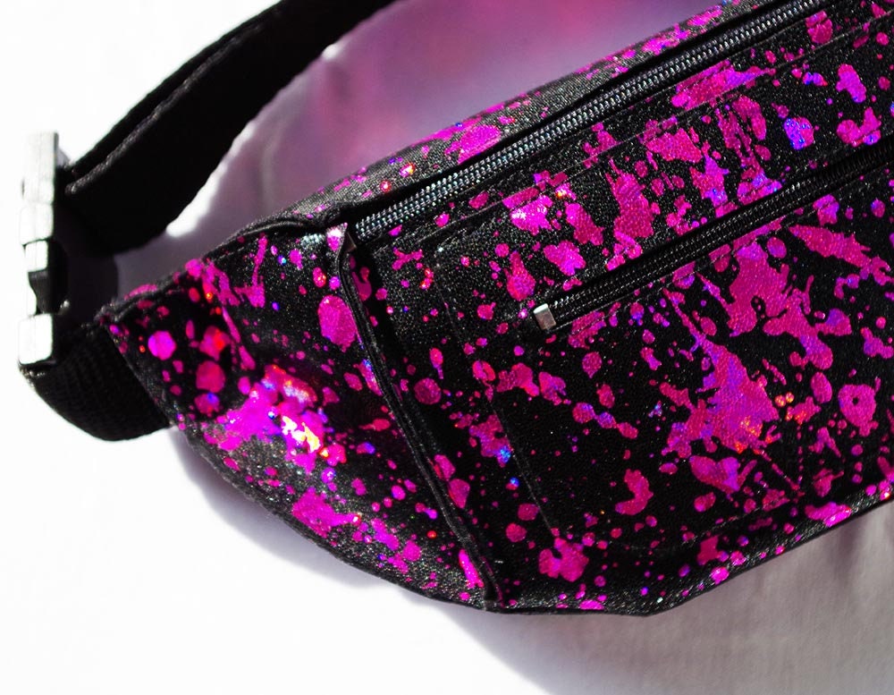 Hot Pink Paint Splatter on Black Leather Look Fanny Pack