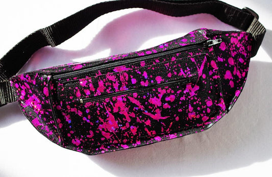 Hot Pink Paint Splatter on Black Leather Look Fanny Pack