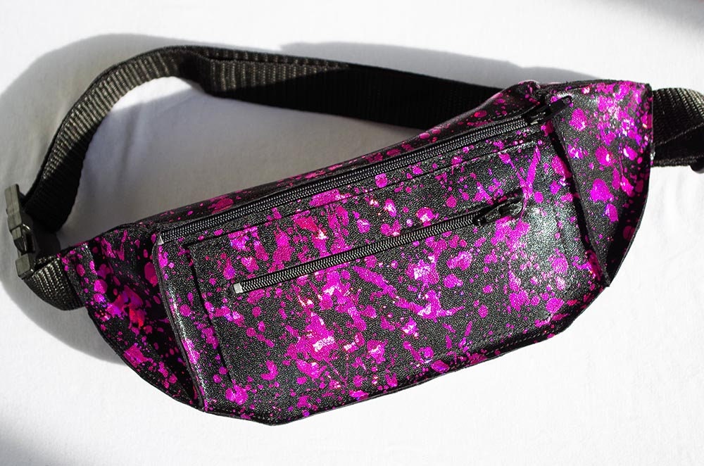 Hot Pink Paint Splatter on Black Leather Look Fanny Pack
