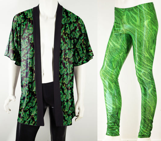 Mens Festival and Rave Outfits:  Neon Green Dragons Kimono and Matching Meggings