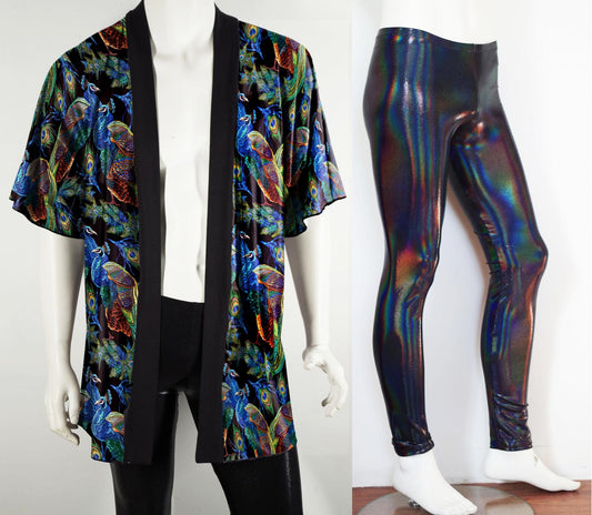 Mens Festival and Rave Outfits:  Peacock Kimono and Iridescent Black Leggings