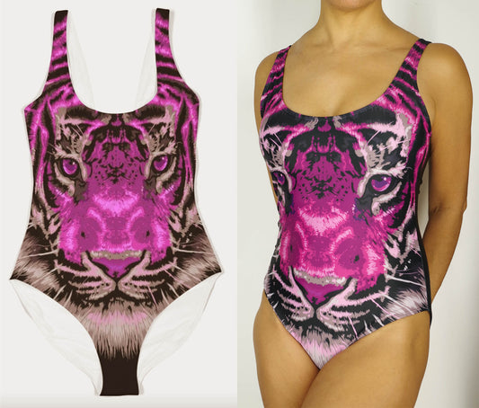 Hot Pink Tiger Face Women's Festival One-Piece Swimsuit