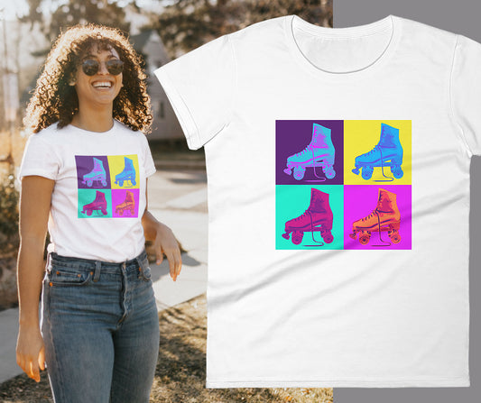 A young woman with curly hair and sunglasses, on a neighbourhood sidewalk, wearing a white roller Skate tshirt with a brightly coloured graphic of 4 roller skates on squares in bright colours.  Collaged with a Flat version of the same white roller skate Tshirt