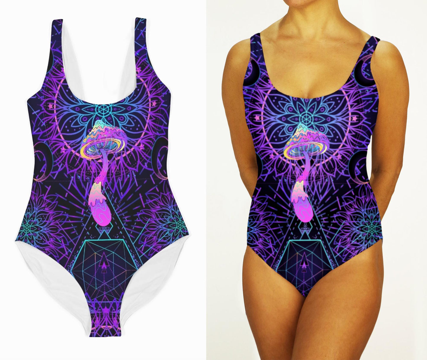 Trippy Mushroom on Sacred Geometry Festival Swimsuit