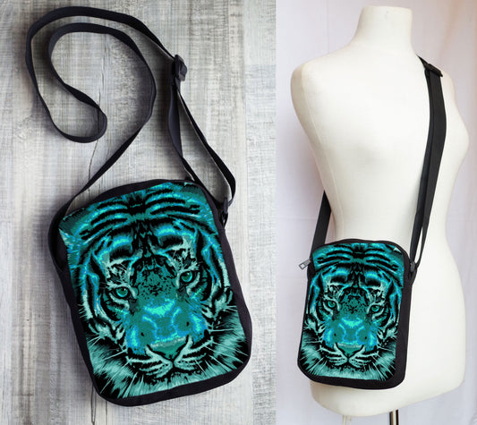 Cross Body Bag with Aqua Fierce Tiger Face Messenger Pouch